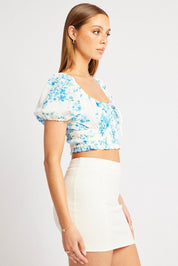 Blue Ditsy Crop Top Short Sleeve Shirred Waist - Àlainn Fashion