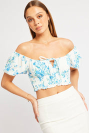 Blue Ditsy Crop Top Short Sleeve Shirred Waist - Àlainn Fashion