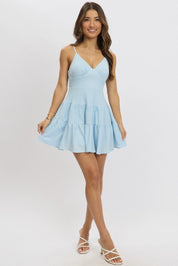 Blue Fit And Flare Dress Mini Textured Fabric - Àlainn Fashion