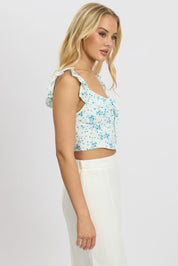 Blue Floral Crop Top Frill Sleeve - Àlainn Fashion