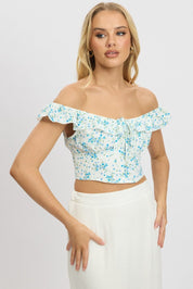 Blue Floral Crop Top Frill Sleeve - Àlainn Fashion