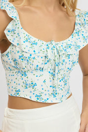 Blue Floral Crop Top Frill Sleeve - Àlainn Fashion