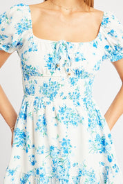 Blue Floral Fit And Flare Dress Mini - Àlainn Fashion