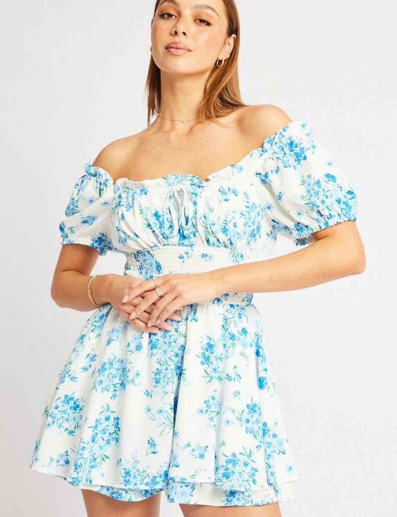 Blue Floral Ruffle Playsuit Short Sleeve Ruched Bust - Àlainn Fashion