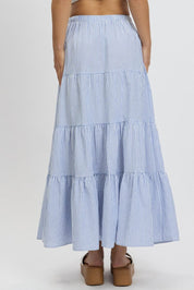 Blue Stripe Maxi Skirt Tiered High Rise Elastic Waistband - Àlainn Fashion