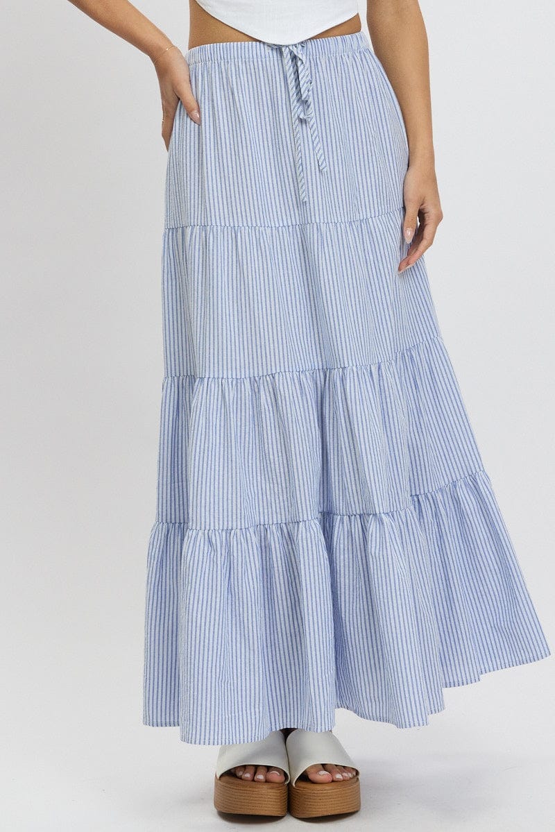 Blue Stripe Maxi Skirt Tiered High Rise Elastic Waistband - Àlainn Fashion