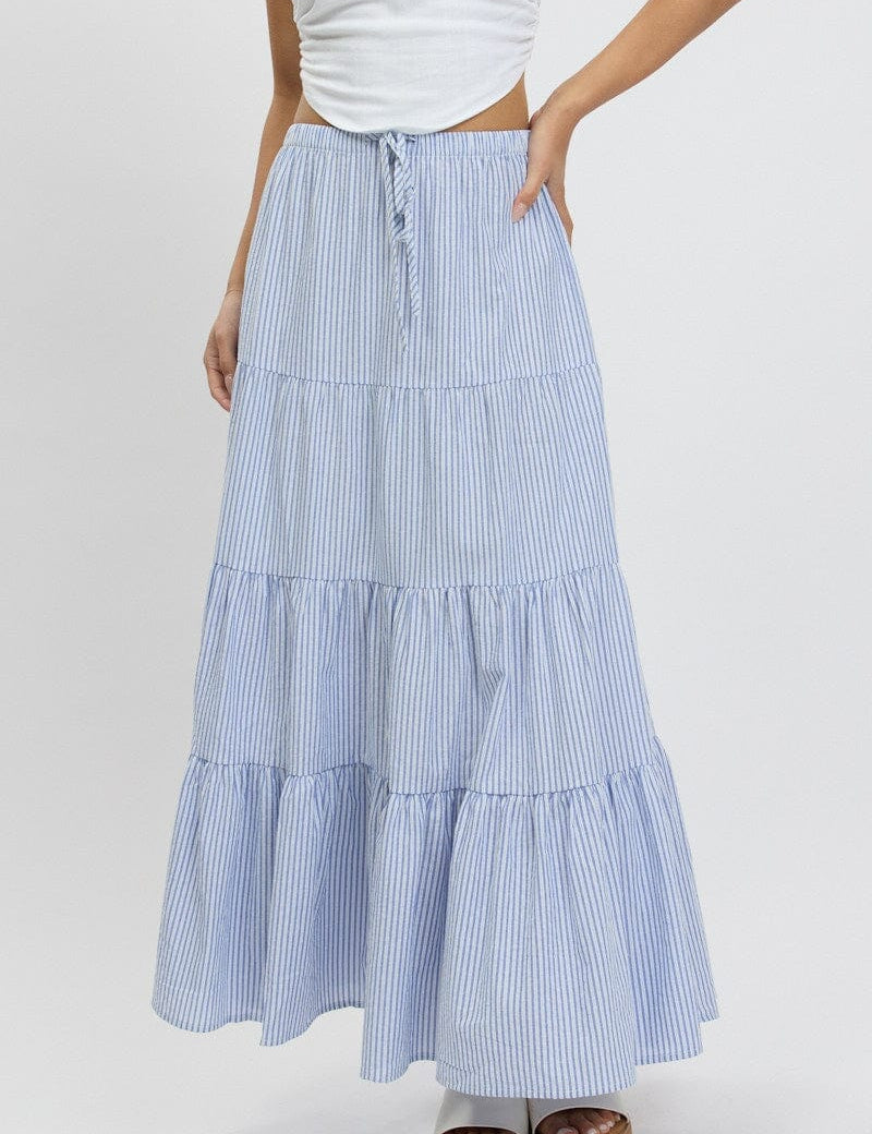 Blue Stripe Maxi Skirt Tiered High Rise Elastic Waistband - Àlainn Fashion