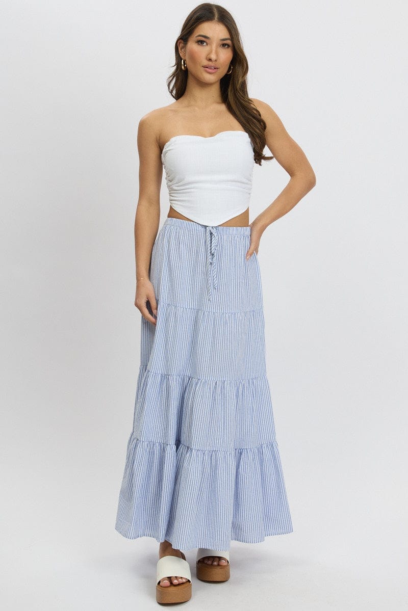 Blue Stripe Maxi Skirt Tiered High Rise Elastic Waistband - Àlainn Fashion