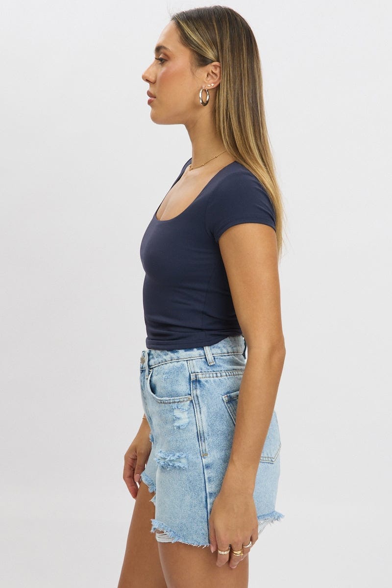 Blue Supersoft Top Short Sleeve Scoop Neck - Àlainn Fashion