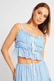 Blue Tiered Cami Top Sleeveless Front Ribbon - Àlainn Fashion