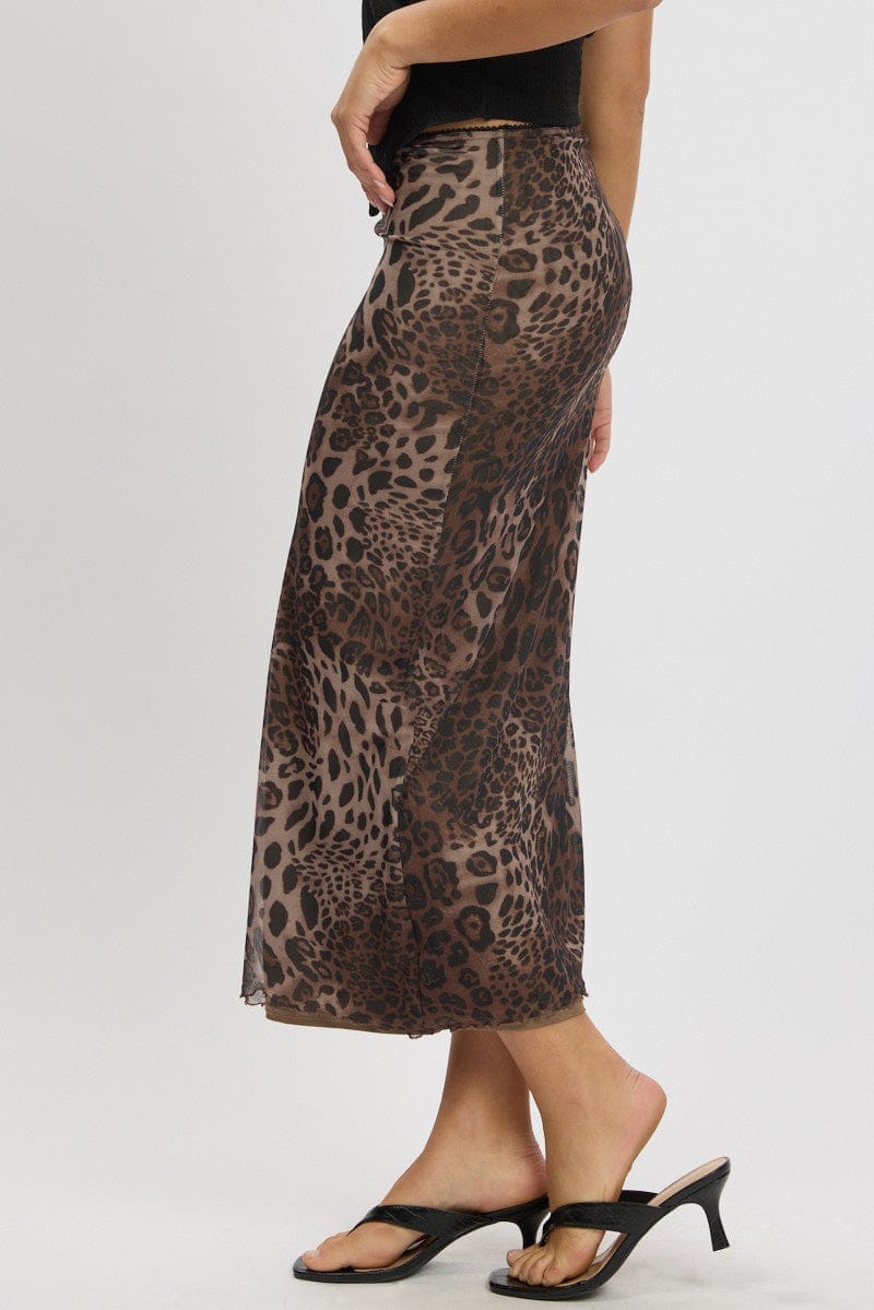 Brown Animal Print Mesh Skirt Elasticated Picot Trim Midaxi - Àlainn Fashion