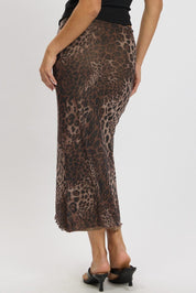 Brown Animal Print Mesh Skirt Elasticated Picot Trim Midaxi - Àlainn Fashion