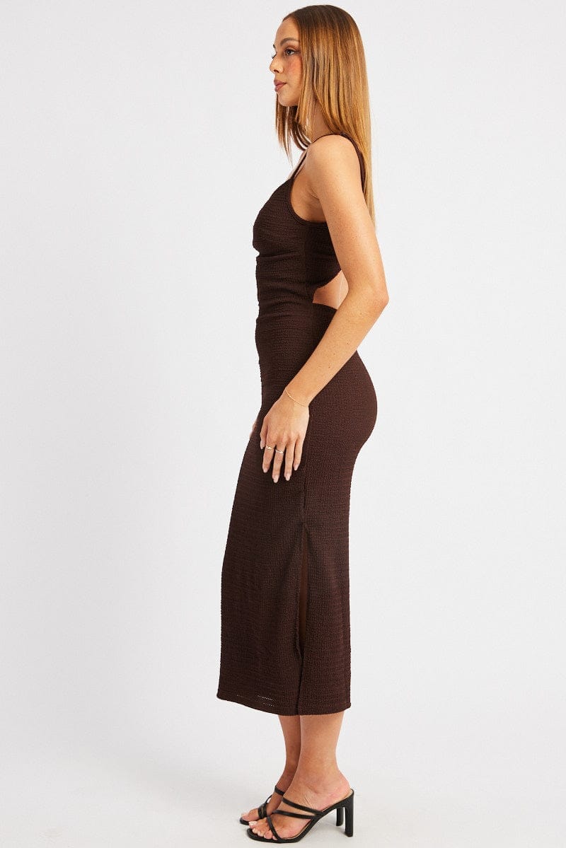 Brown Bodycon Dress Singlet Textured Midi - Àlainn Fashion