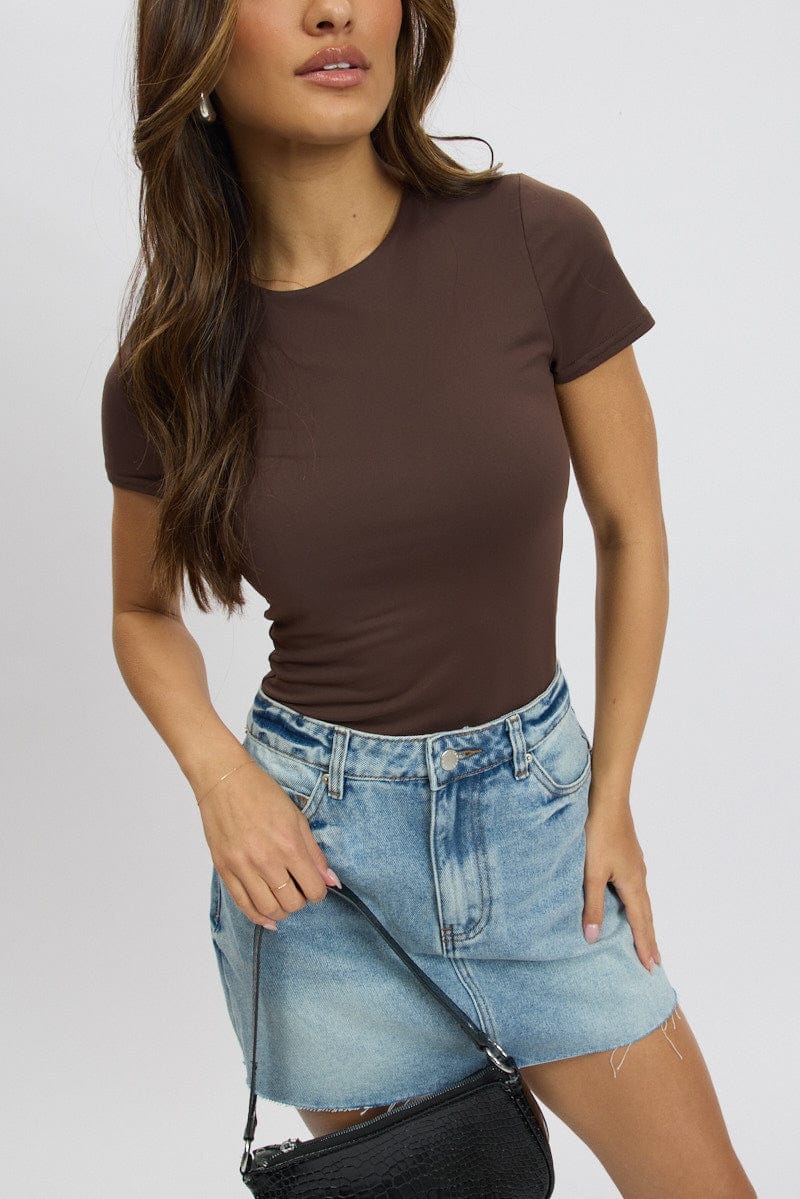 Brown Bodysuit Short Sleeve Crew Neck Supersoft - Àlainn Fashion