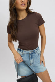 Brown Bodysuit Short Sleeve Crew Neck Supersoft - Àlainn Fashion