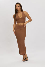 Brown Halter Neck Top Crop Textured - Àlainn Fashion