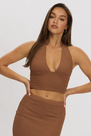 Brown Halter Neck Top Crop Textured - Àlainn Fashion