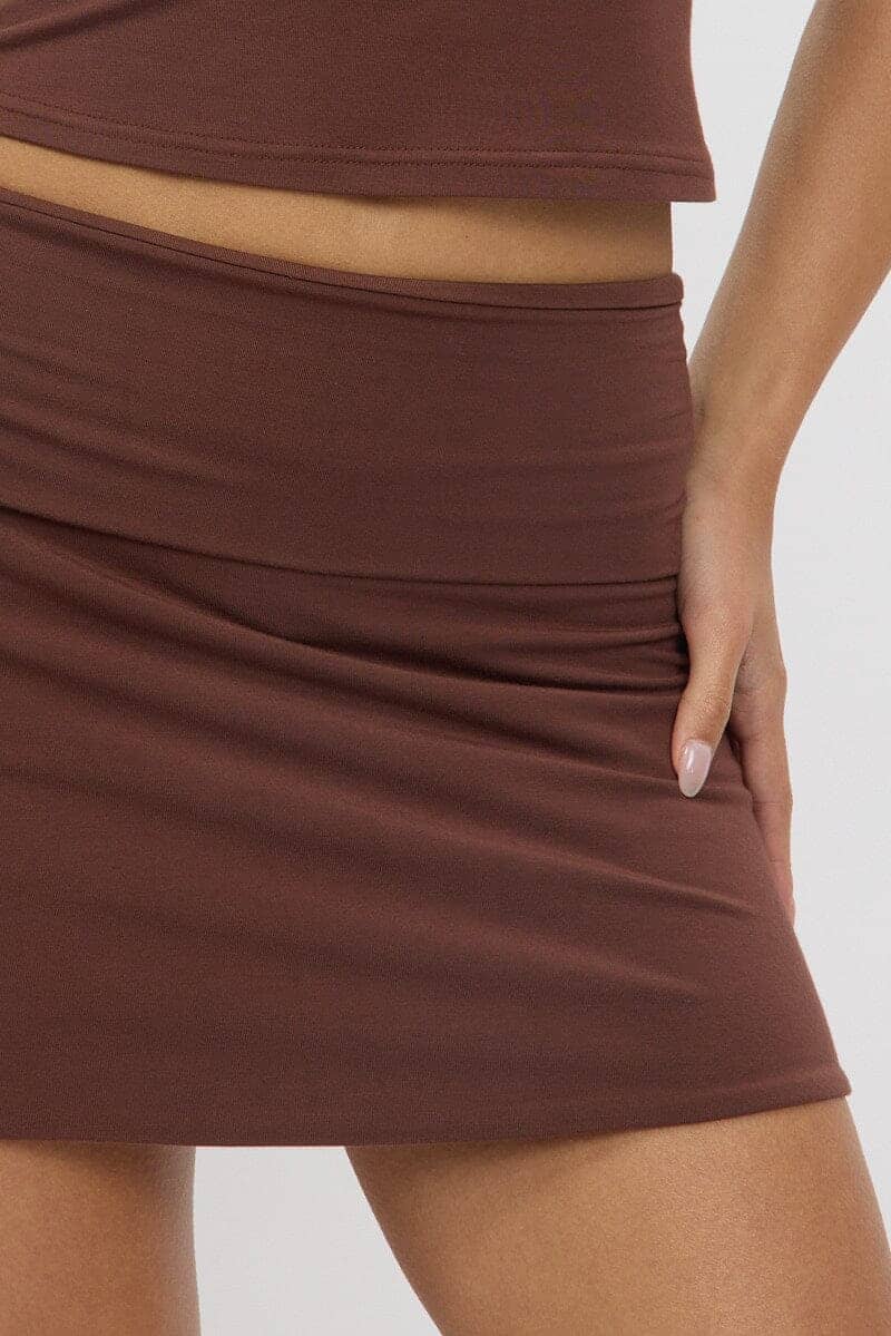 Brown Mini Skirt Fold Down Waist Modal - Àlainn Fashion