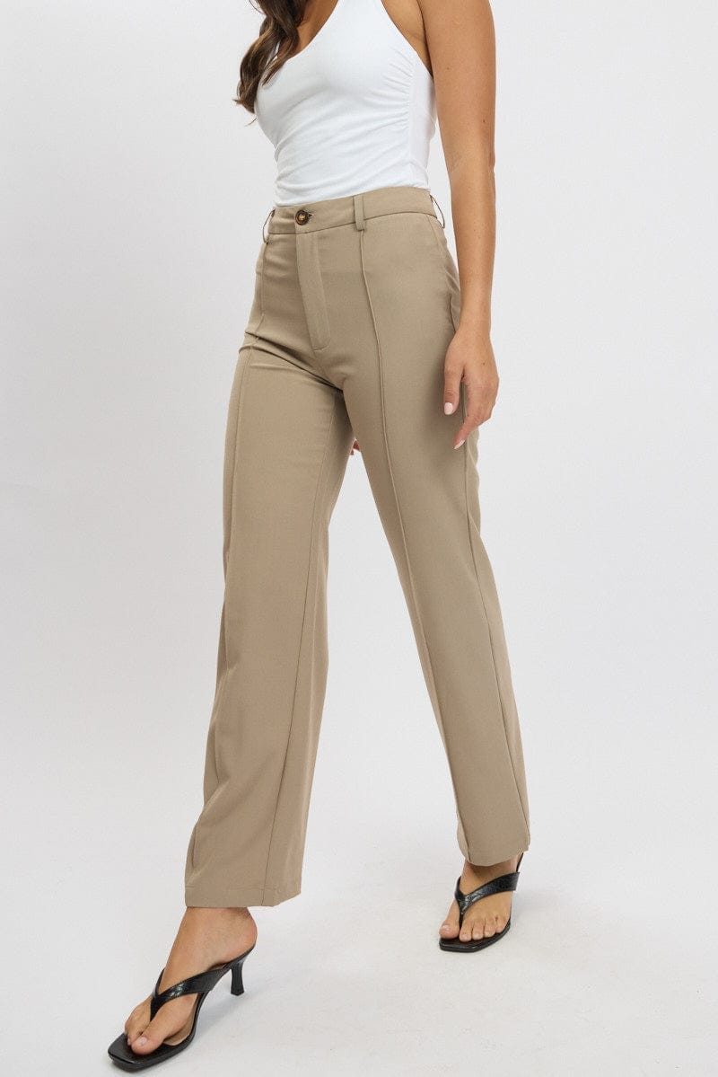 Brown Straight Fit Pants High Rise - Àlainn Fashion