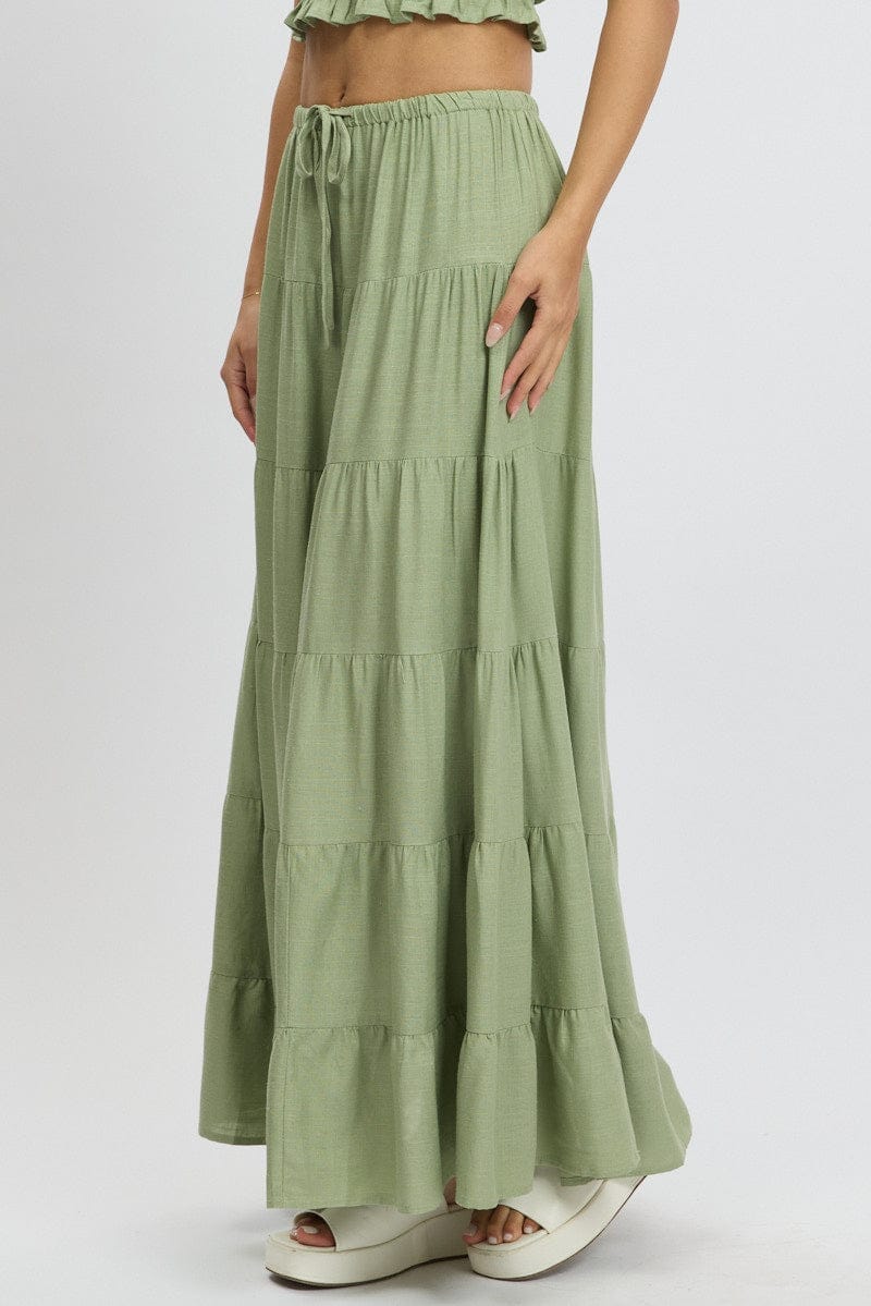 Green Maxi Skirt Tiered High Rise - Àlainn Fashion