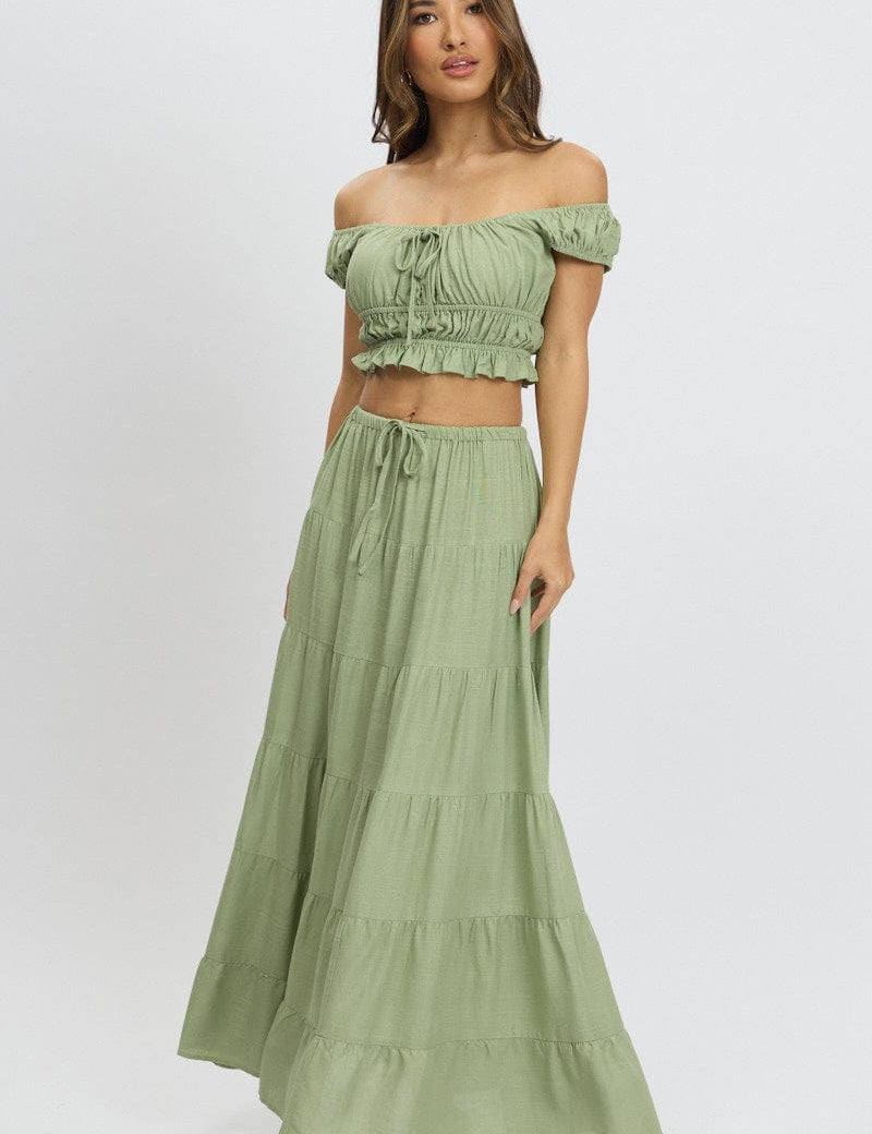 Green Maxi Skirt Tiered High Rise - Àlainn Fashion