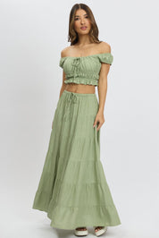 Green Maxi Skirt Tiered High Rise - Àlainn Fashion