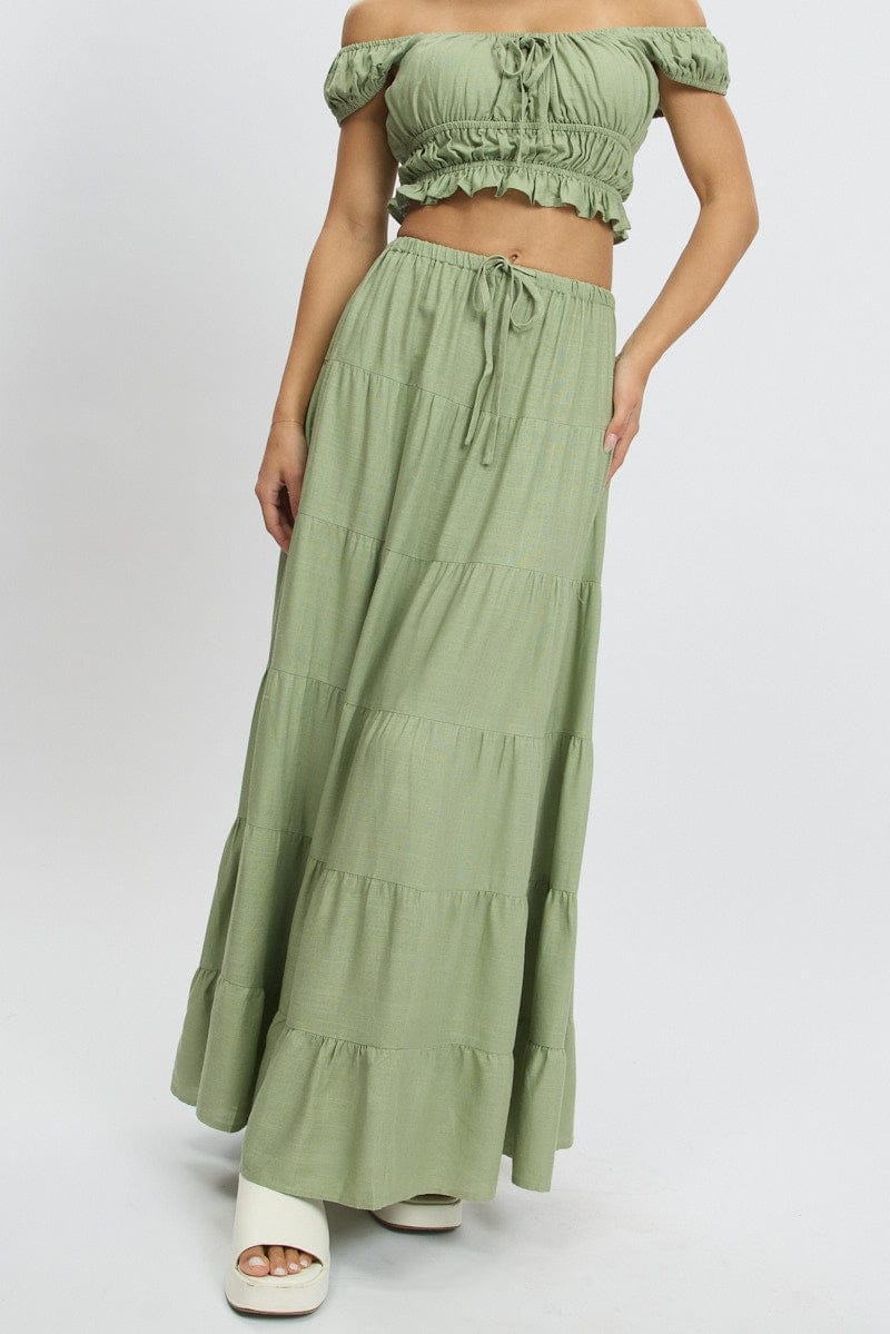 Green Maxi Skirt Tiered High Rise - Àlainn Fashion