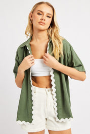 Green Relaxed Shirt Short Sleeve Ric Rac - Àlainn Fashion