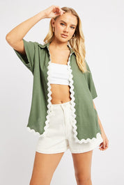 Green Relaxed Shirt Short Sleeve Ric Rac - Àlainn Fashion