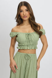 Green Ruched Top Short Sleeve Linen Blend - Àlainn Fashion