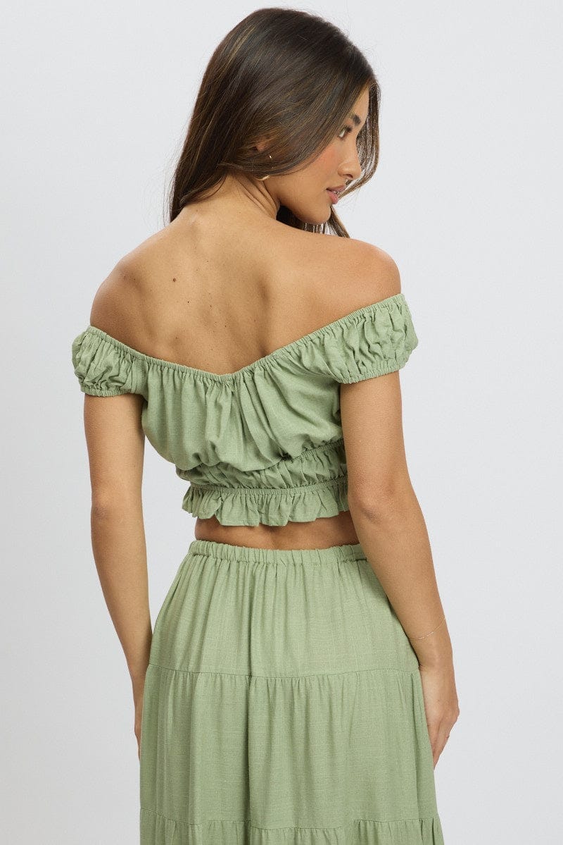 Green Ruched Top Short Sleeve Linen Blend - Àlainn Fashion