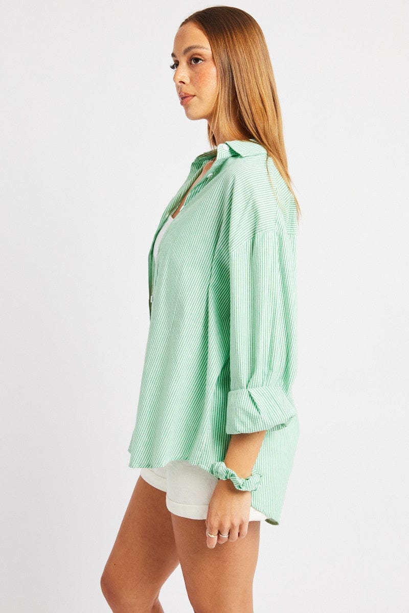 Green Stripe Relaxed Shirt Long Sleeve - Àlainn Fashion