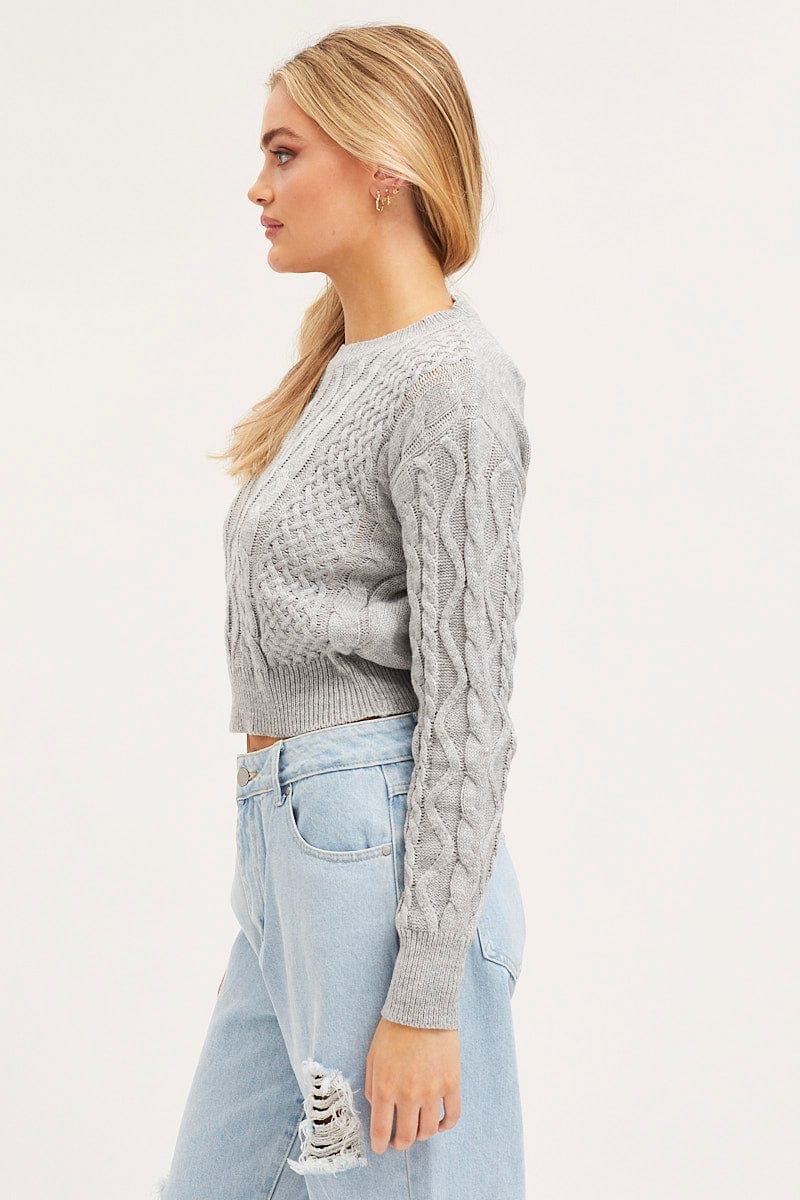 Grey Knit Top Long Sleeve Round Neck Cable - Àlainn Fashion