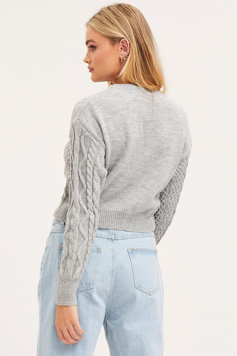 Grey Knit Top Long Sleeve Round Neck Cable - Àlainn Fashion