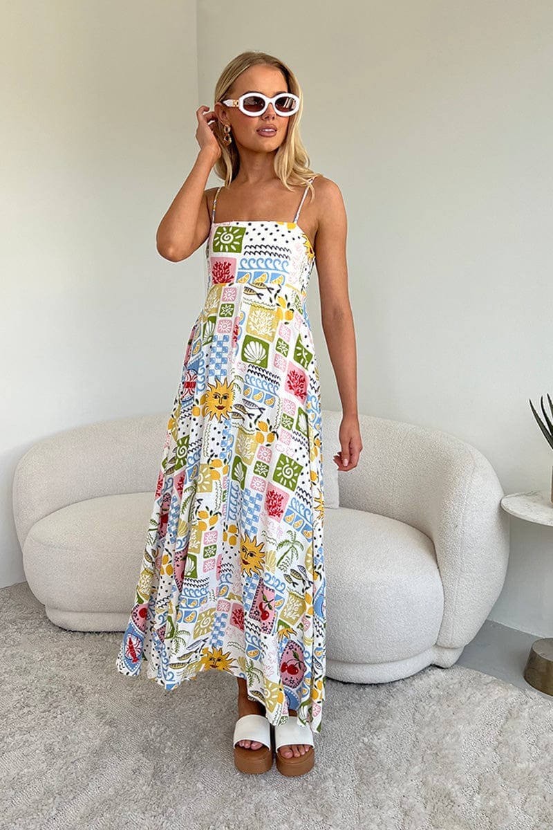 Multi Abstract Maxi Dress Strappy - Àlainn Fashion