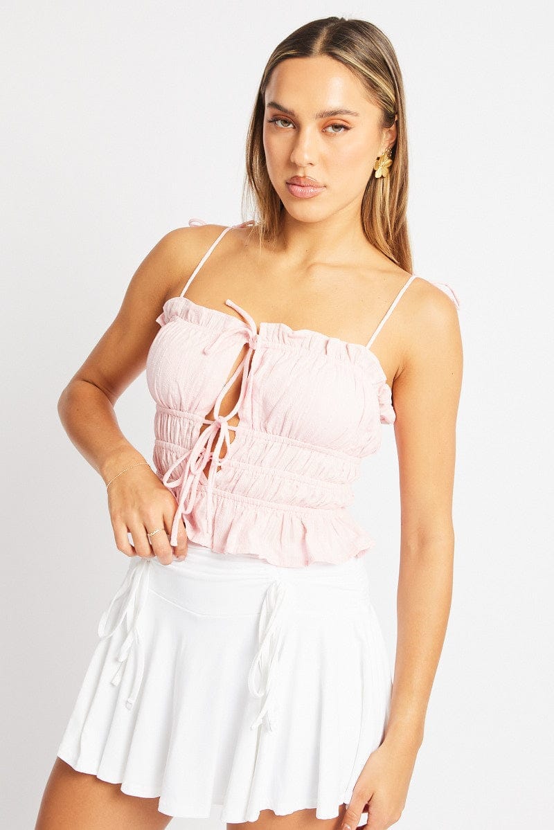 Pink Cami Top Sleeveless Tie Front Textured - Àlainn Fashion