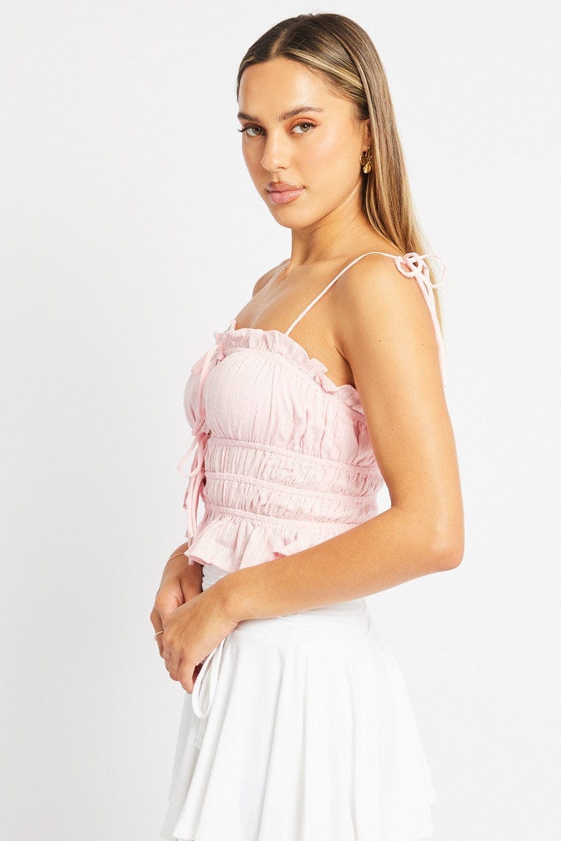 Pink Cami Top Sleeveless Tie Front Textured - Àlainn Fashion