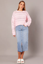 Pink Crochet Jumper Long Sleeve Crew Neck - Àlainn Fashion