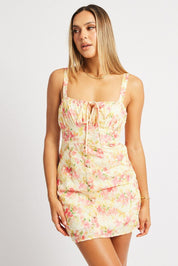 Pink Floral Mini Dress Ruched Bust - Àlainn Fashion