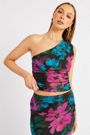 Pink Floral One Shoulder Top Sleeveless Mesh - Àlainn Fashion