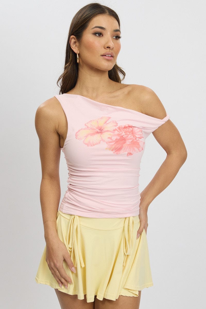 Pink Graphic Top Twist off Shoulder Supersoft - Àlainn Fashion