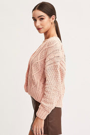 Pink Knit Cardigan Long Sleeve V-Neck Cable - Àlainn Fashion