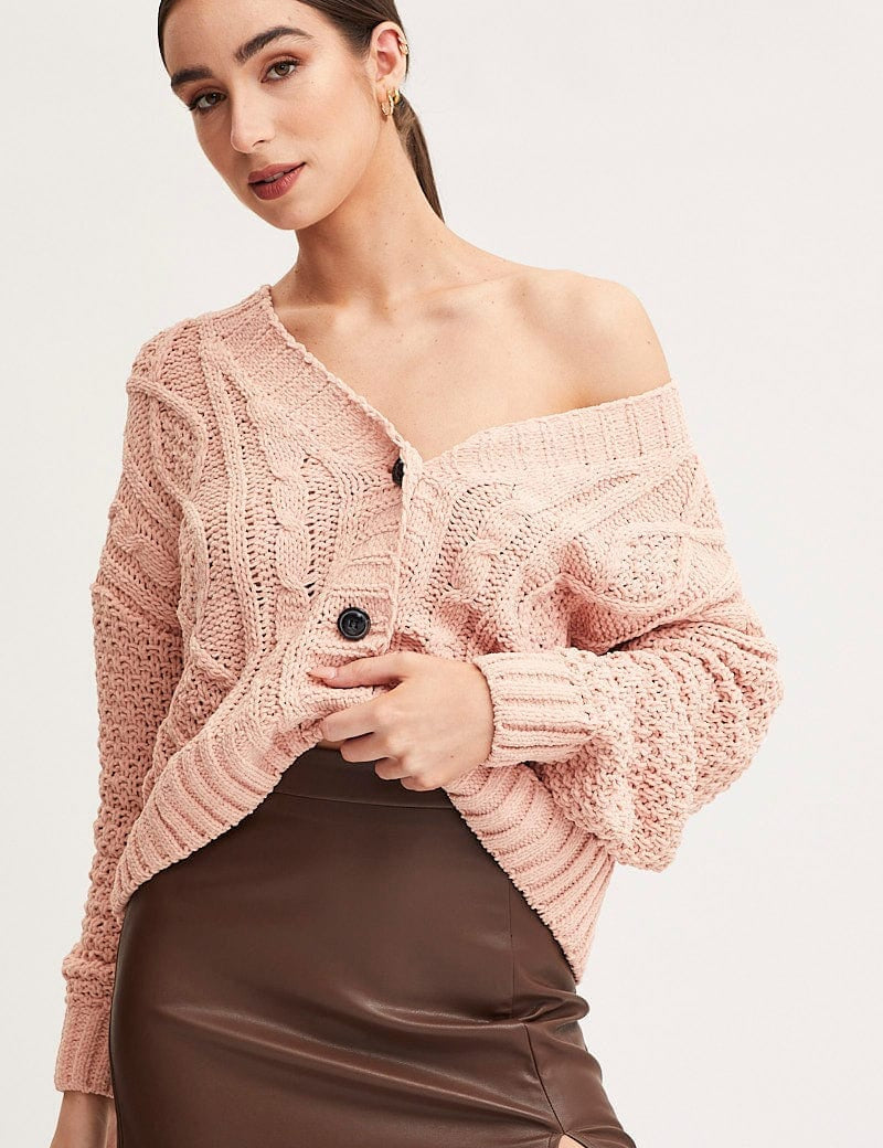 Pink Knit Cardigan Long Sleeve V-Neck Cable - Àlainn Fashion