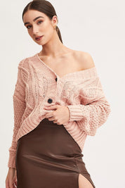 Pink Knit Cardigan Long Sleeve V-Neck Cable - Àlainn Fashion