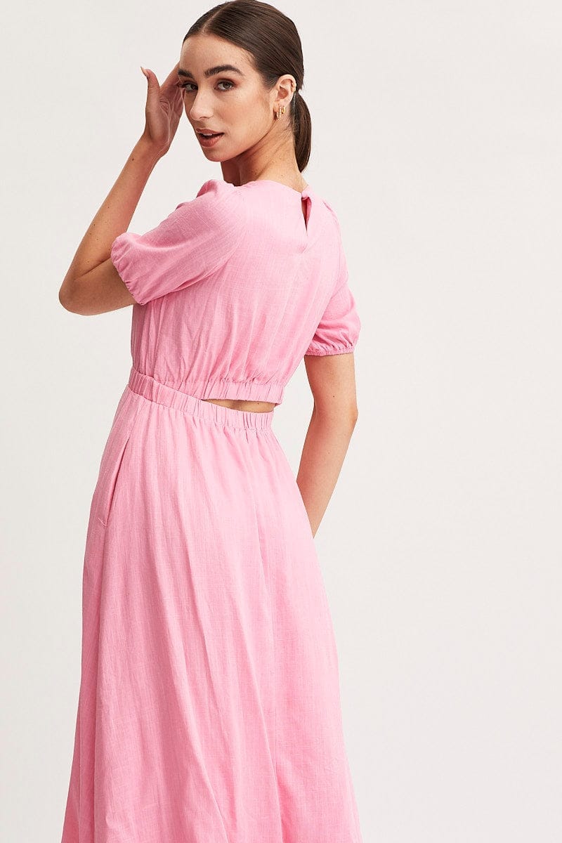 Pink Linen Blend Midi Dress - Àlainn Fashion