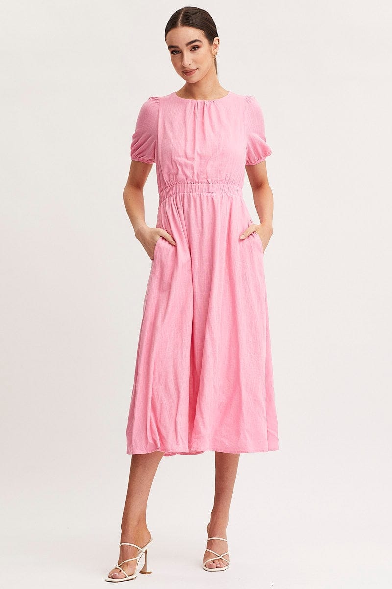 Pink Linen Blend Midi Dress - Àlainn Fashion