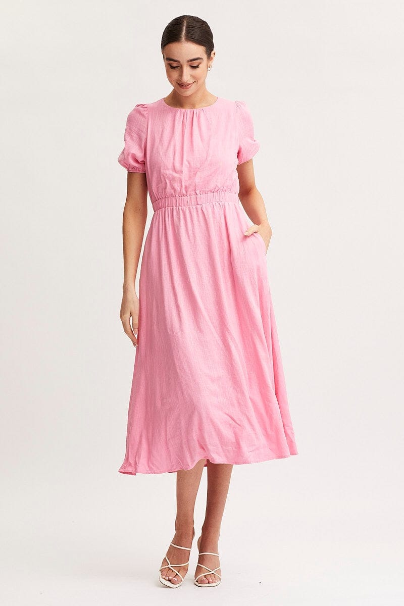 Pink Linen Blend Midi Dress - Àlainn Fashion