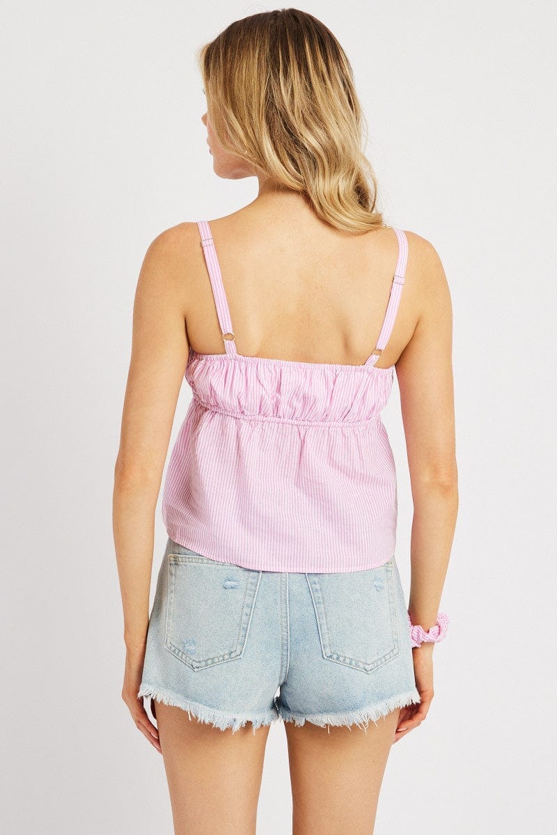 Pink Stripe Cami Top Sleeveless Gathered - Àlainn Fashion