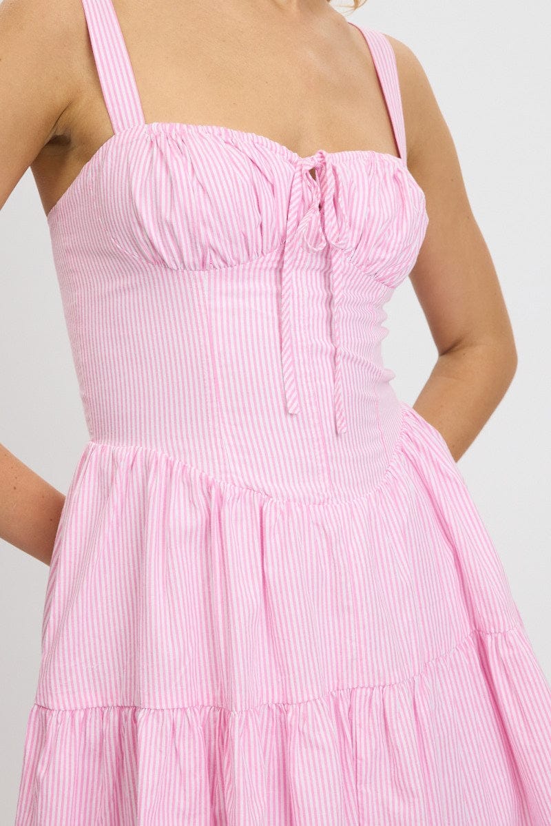 Pink Stripe Fit And Flare Dress Mini Gathered Bust - Àlainn Fashion