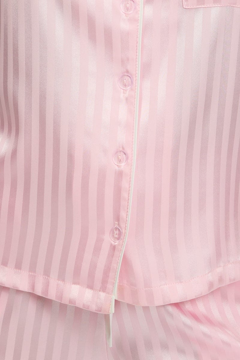 Pink Stripe Satin Pyjamas Set Short Sleeve - Àlainn Fashion